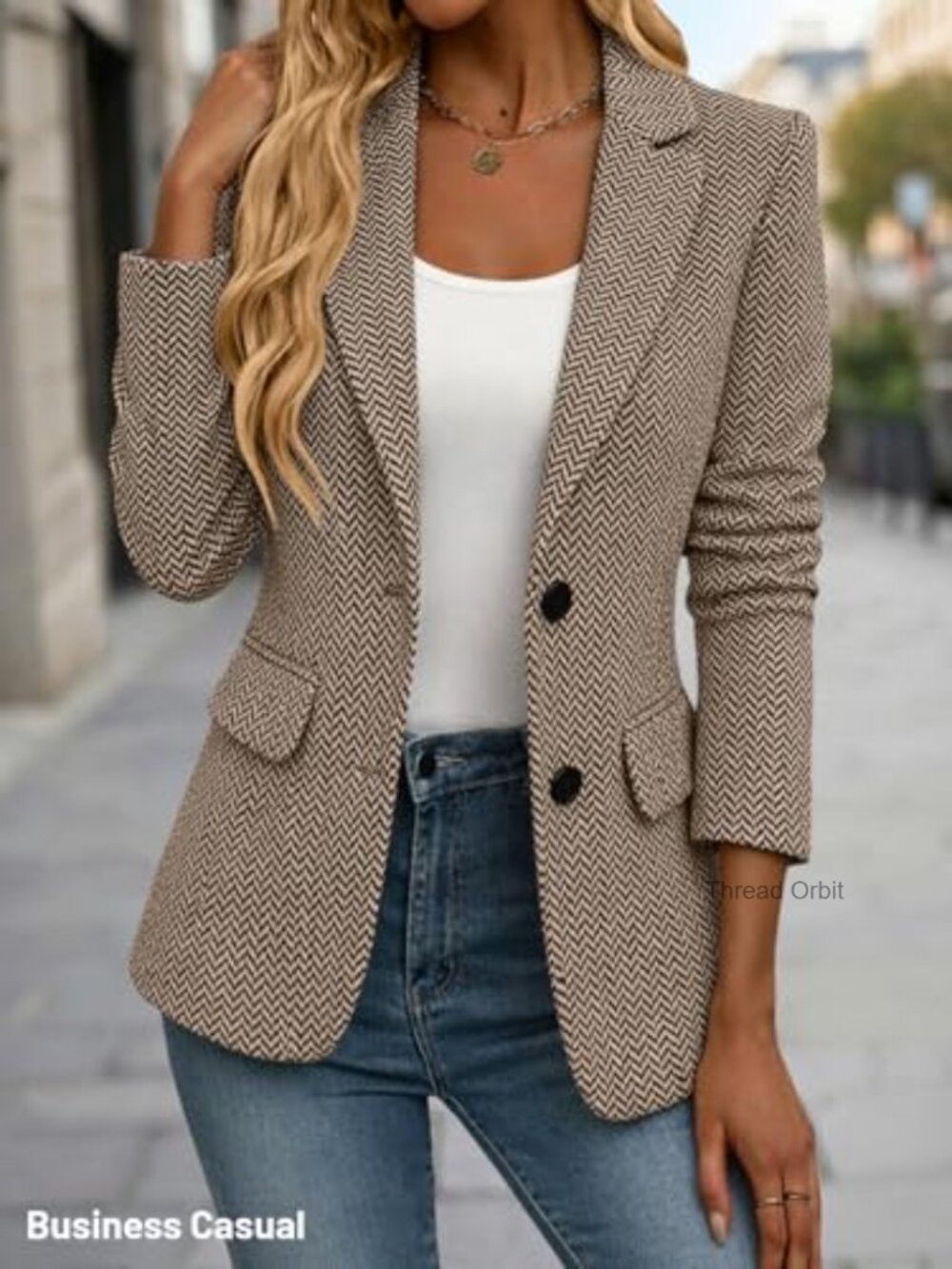 Herringbone Tweed Blazer Open Front Lined Pockets Work Office Casual - Picture 3 of 7